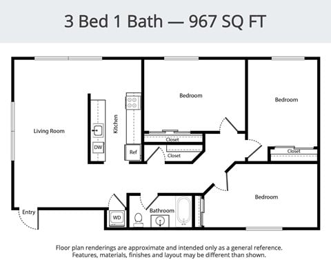 Floor plan for 3 beds, 1 bath, 967 sqft