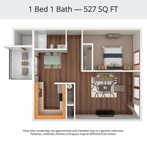 Floor plan for 1 bed, 1 bath, 527 sqft
