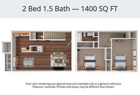 Floor plan for 2 beds, 1.5 baths, 1400 sqft
