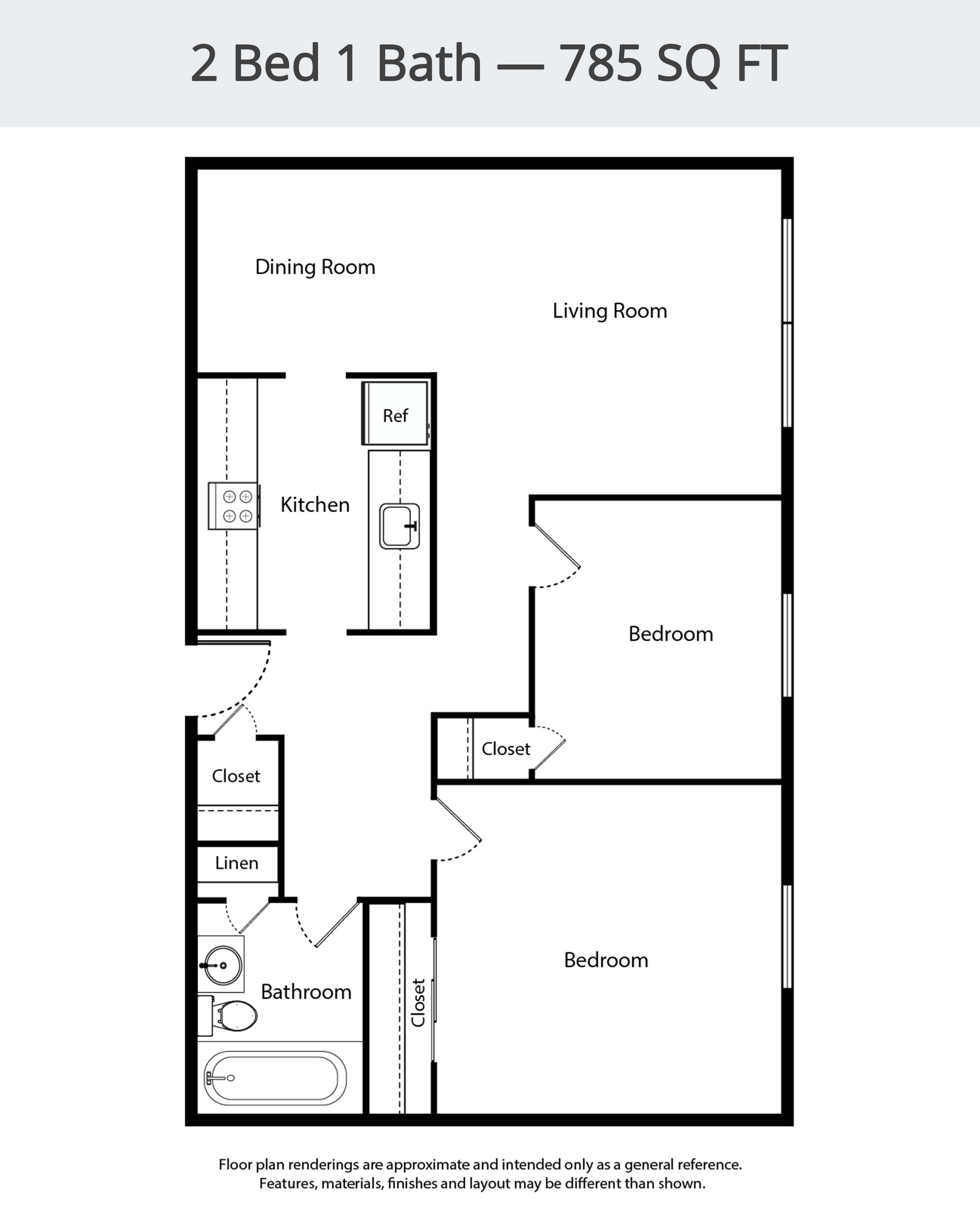 Floor plan for 2 beds, 1 bath, 785 sqft