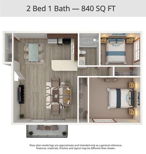 Floor plan for 2 beds, 1 bath, 840 sqft