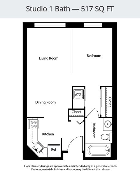Floor plan for studio, 1 bath, 517 sqft