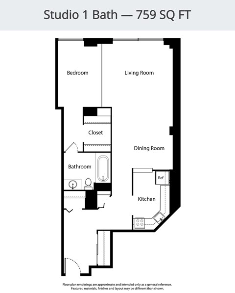 Floor plan for studio, 1 bath, 759 sqft