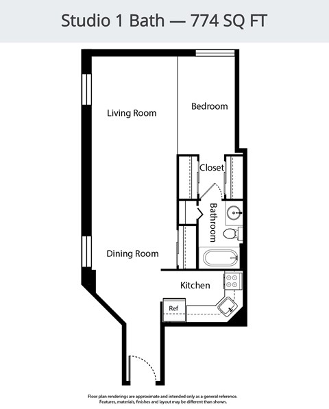 Floor plan for studio, 1 bath, 774 sqft