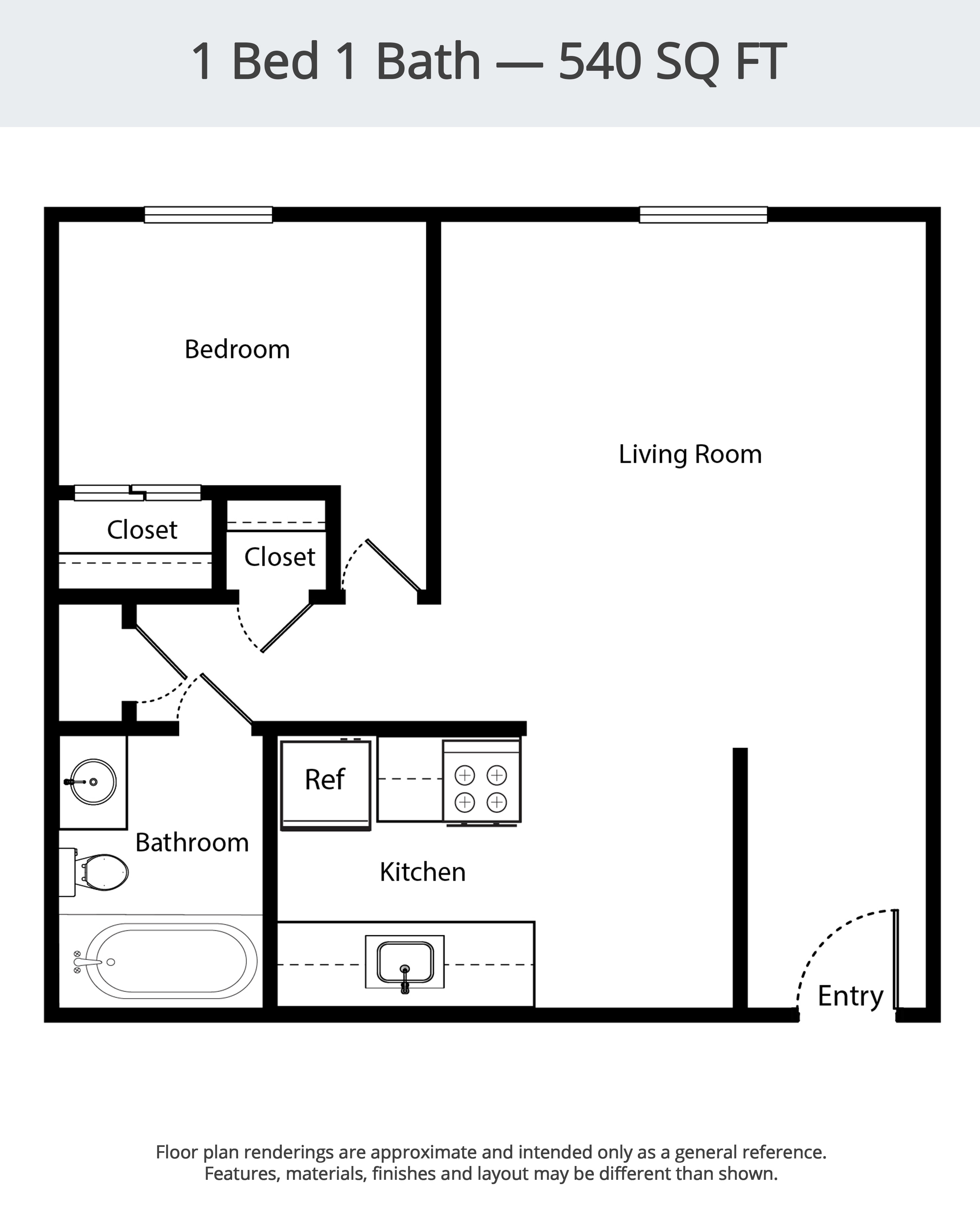 Floor plan for 1 bed, 1 bath, 540 sqft