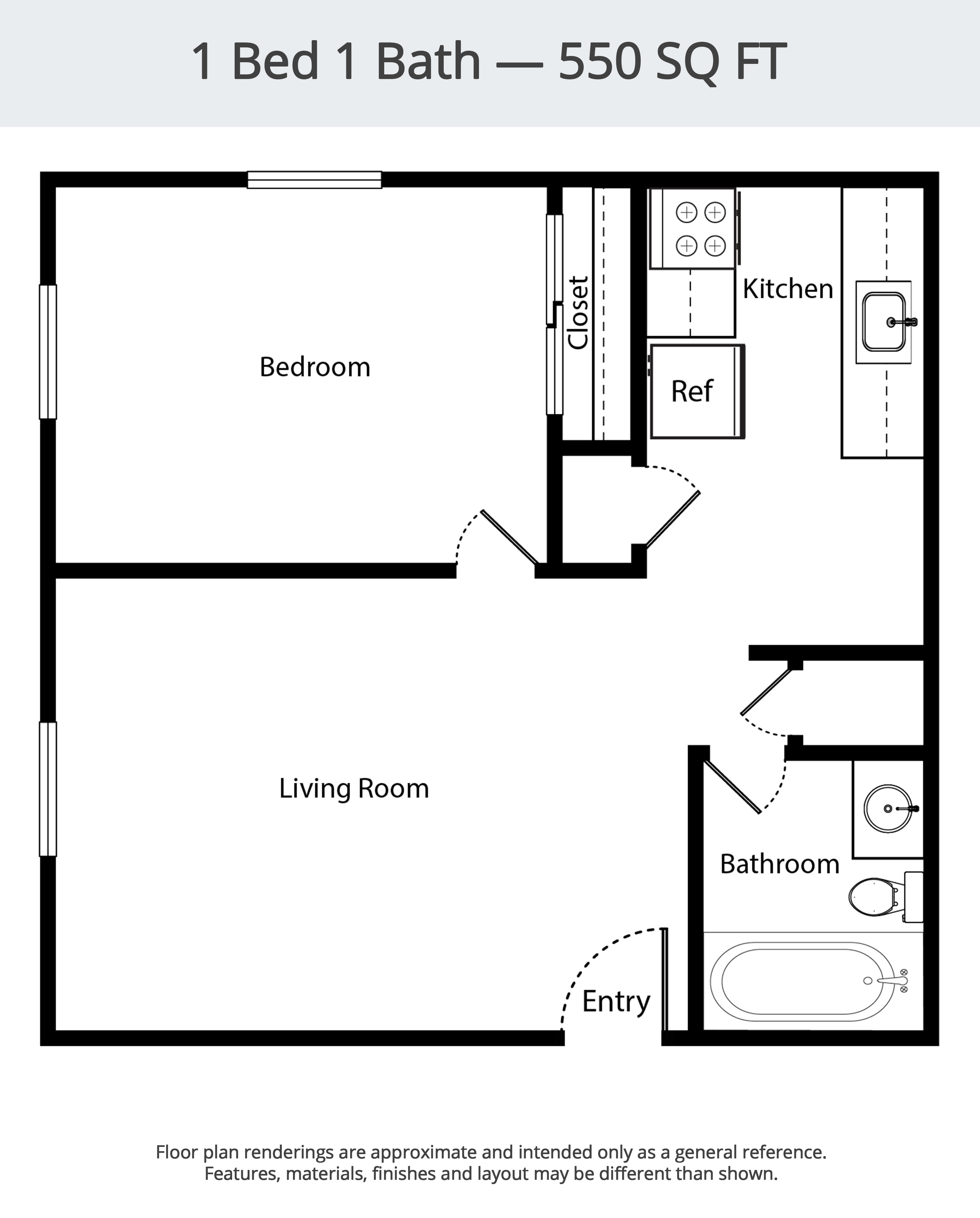 Floor plan for 1 bed, 1 bath, 550 sqft