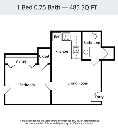 Floor plan for 1 bed, 0.8 baths, 485 sqft
