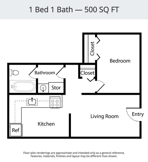 Floor plan for 1 bed, 1 bath, 500 sqft