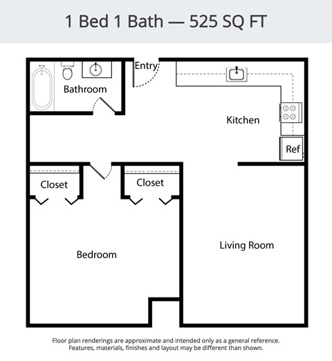 Floor plan for 1 bed, 1 bath, 525 sqft