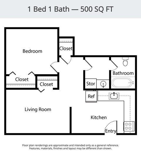 Floor plan for 1 bed, 1 bath, 500 sqft