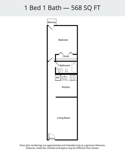 Floor plan for 1 bed, 1 bath, 568 sqft