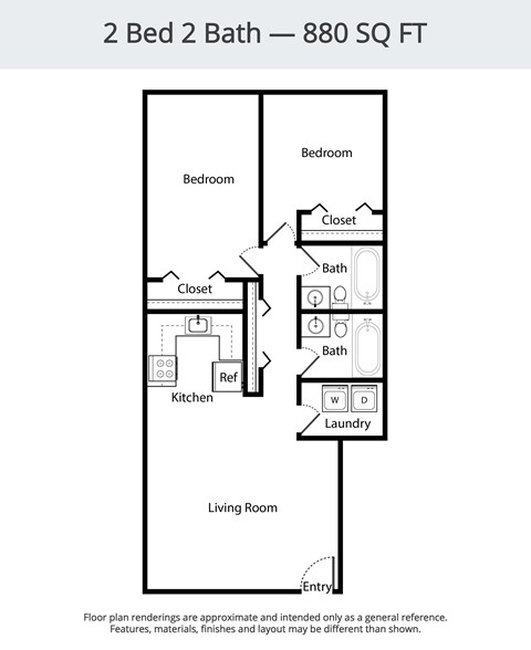 Floor plan for 2 beds, 2 baths, 880 sqft