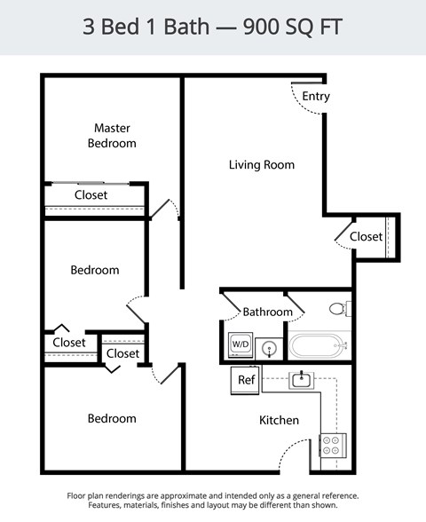 Floor plan for 3 beds, 1 bath, 900 sqft