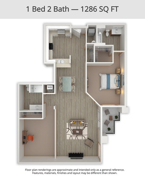 Floor plan for 1 bed, 2 baths, 1286 sqft