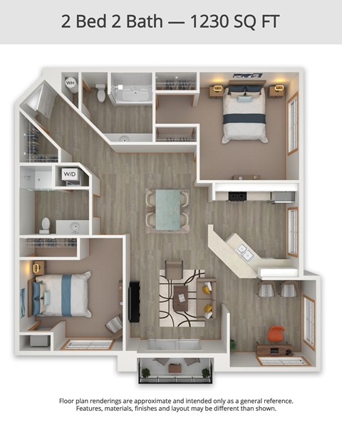 Floor plan for 2 beds, 2 baths, 1230 sqft