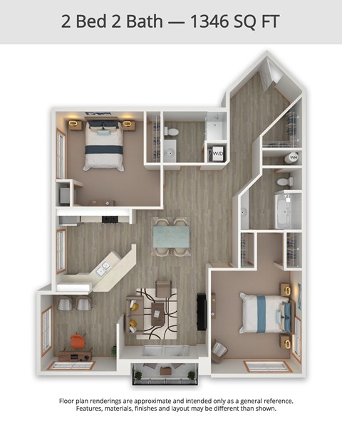 Floor plan for 2 beds, 2 baths, 1346 sqft