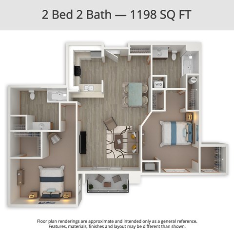 Floor plan for 2 beds, 2 baths, 1198 sqft