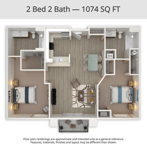 Floor plan for 2 beds, 2 baths, 1074 sqft