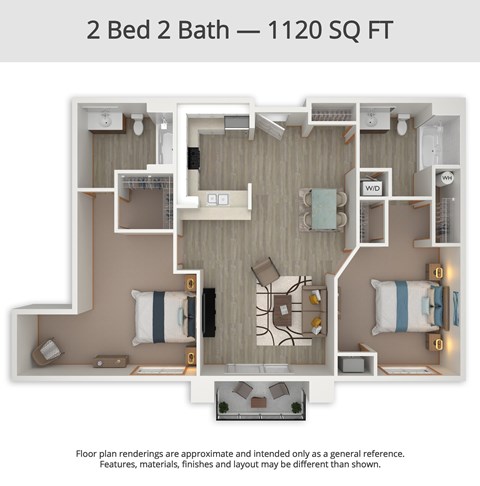 Floor plan for 2 beds, 2 baths, 1120 sqft