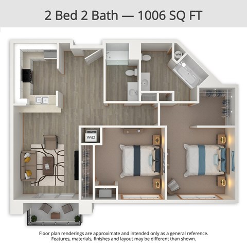 Floor plan for 2 beds, 2 baths, 1006 sqft