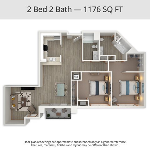 Floor plan for 2 beds, 2 baths, 1176 sqft