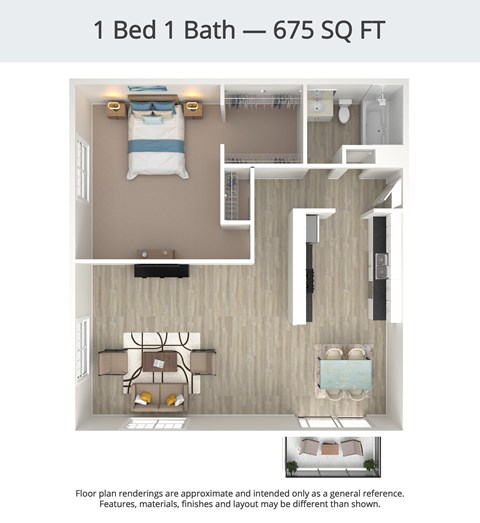 Floor plan for 1 bed, 1 bath, 675 sqft
