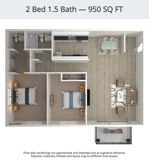 Floor plan for 2 beds, 1.5 baths, 950 sqft