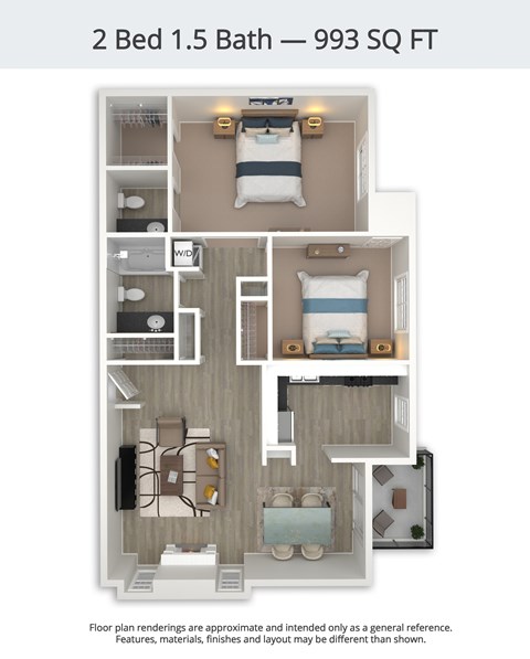 Floor plan for 2 beds, 1.5 baths, 993 sqft