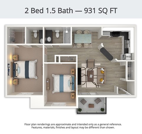Floor plan for 2 beds, 1.5 baths, 931 sqft