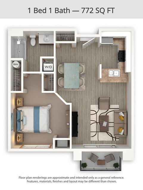 Floor plan for 1 bed, 1 bath, 772 sqft