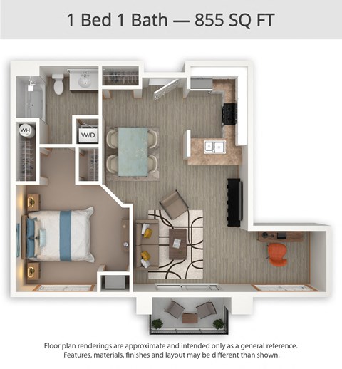 Floor plan for 1 bed, 1 bath, 855 sqft