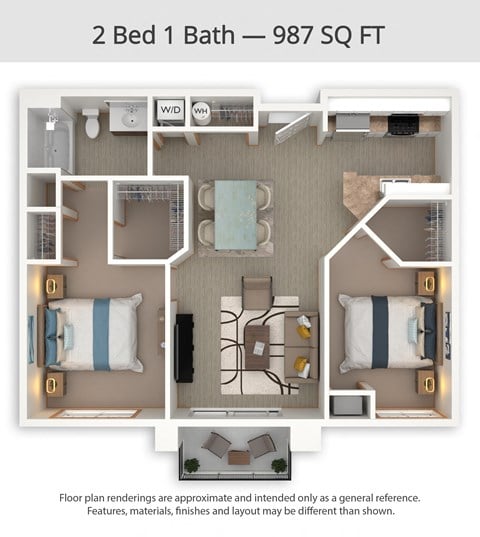 Floor plan for 2 beds, 1 bath, 987 sqft