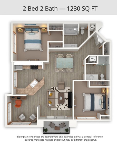 Floor plan for 2 beds, 2 baths, 1230 sqft