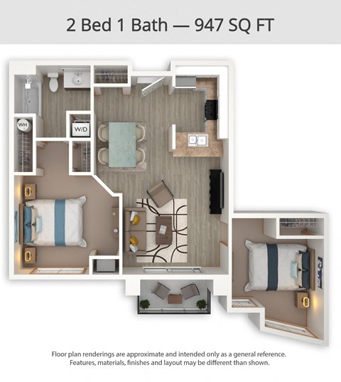 Floor plan for 2 beds, 1 bath, 947 sqft