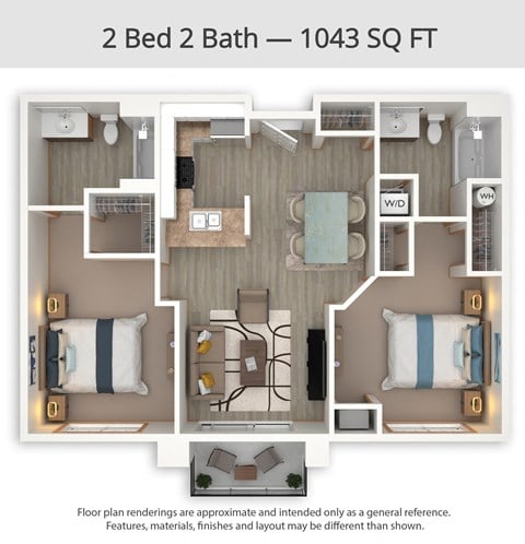 Floor plan for 2 beds, 2 baths, 1043 sqft