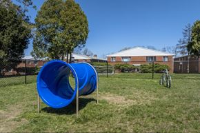 Madison apartment for rent - A blue slide in a playground with a building in the background.