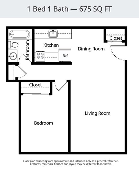 Floor plan for 1 bed, 1 bath, 675 sqft