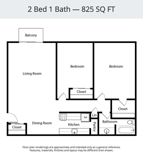 Floor plan for 2 beds, 1 bath, 825 sqft