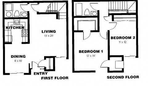 Floor plan for 2 beds, 1.5 baths, 1050 sqft