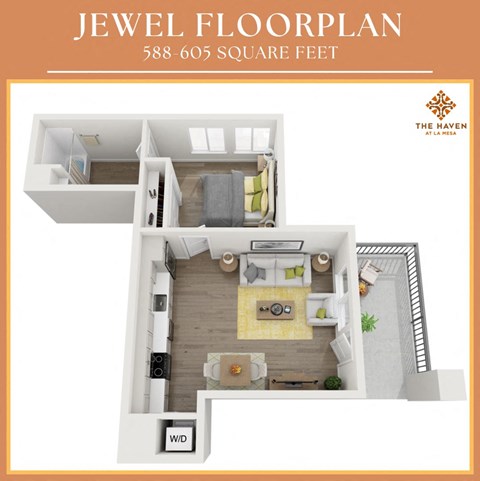 Floor plan for 1 bed, 1 bath, 605 sqft