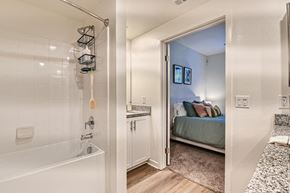 Riverside apartment for rent - a bathroom with a shower and a bed in the background