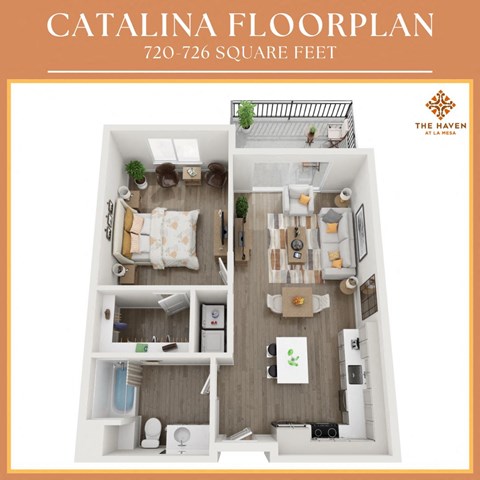 Floor plan for 1 bed, 1 bath, 726 sqft