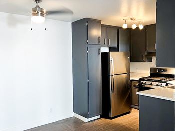 A kitchen with stainless steel appliances and black cabinets