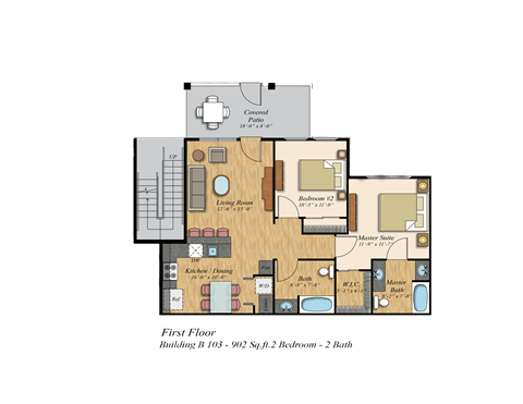 Floor plan for 2 beds, 2 baths, 913 sqft