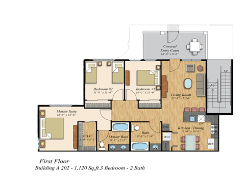Floor plan for 3 beds, 2 baths, 1143 sqft