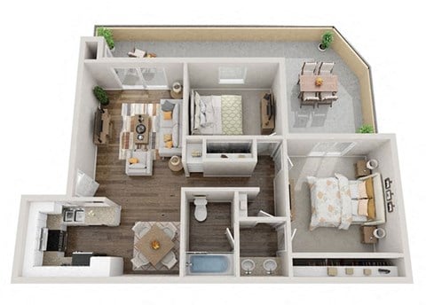 Floor plan for 2 beds, 1 bath, 862 sqft