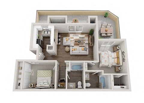 Floor plan for 2 beds, 2 baths, 975 sqft