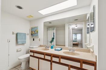 A bathroom with a toilet, sink, and mirror.