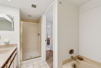 A bathroom with a walk-in shower and a toilet.