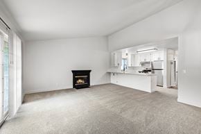 Santa Rosa apartment for rent - A living room with a fireplace and a kitchen in the background.